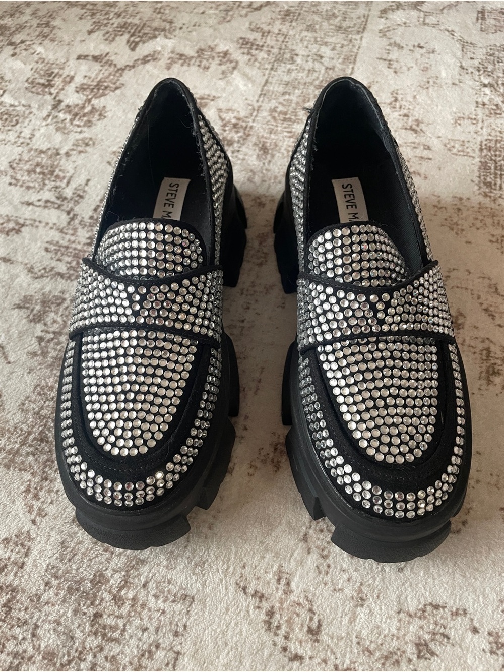 Steve Madden Black Loafers with Silver Crystal Studs